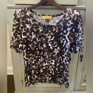 St. John Leopard-Print Short Sleeve Top in Brown and Cream